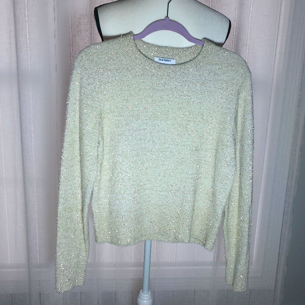 OLD NAVY Long Sleeve Crew Neck Cream w/Gold Sparlkes Through-Out Sweater S